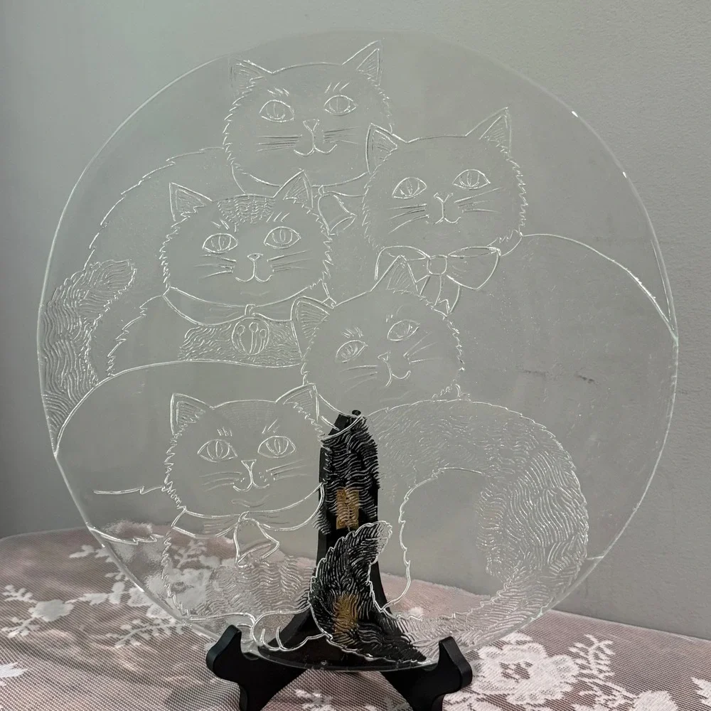 Vintage Pilgrim Glass Cat Party Platter Embossed Cat Lover 13 in Light Scratches
